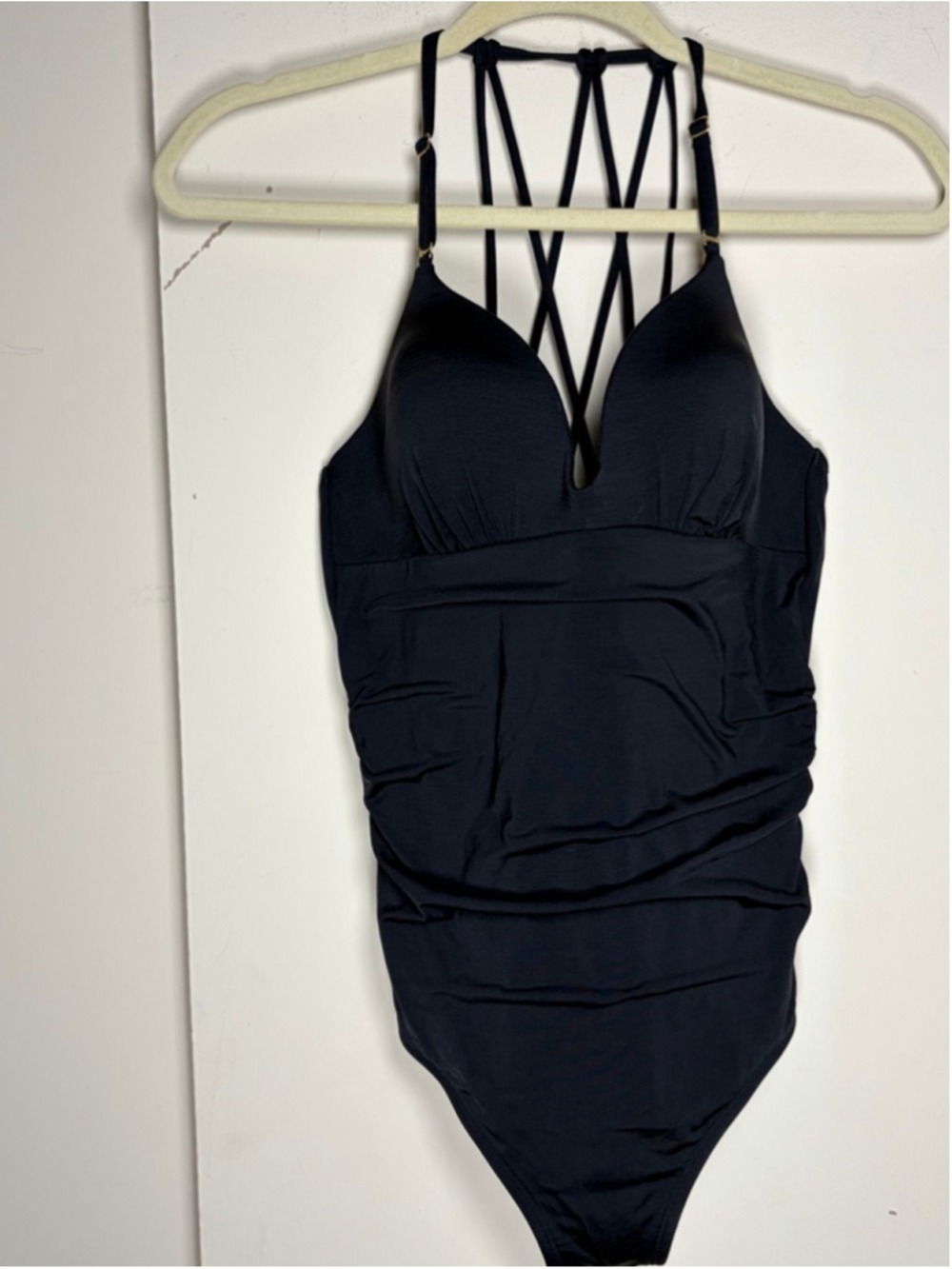 Athleta Black Ruched Plunge One Piece Swimsuit Vacation Strappy Back Size S
